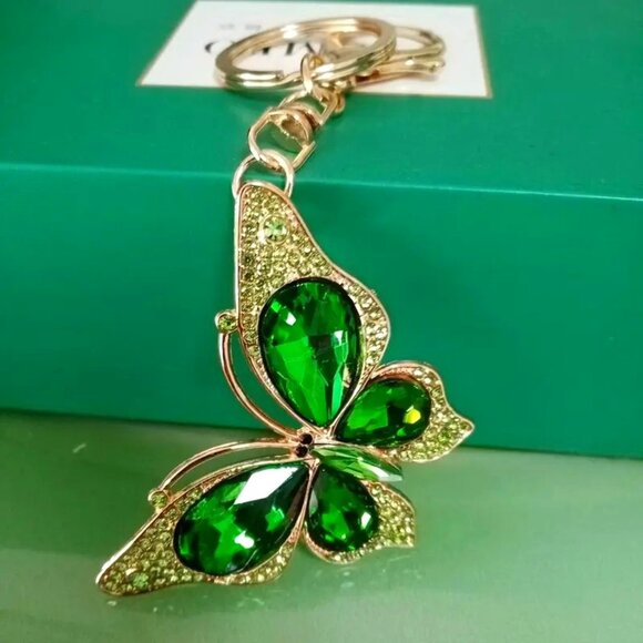Handbags - Green Rhinestone Butterfly Bag Charm Keyring